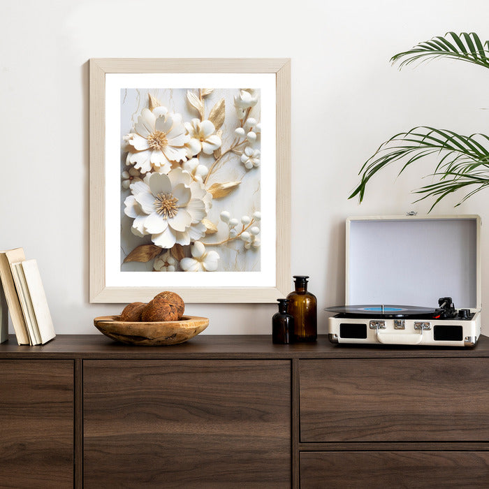 Poster Weiße Blumen Auf Einem Holztisch Rahmen Hölzern Farbe Natürlich