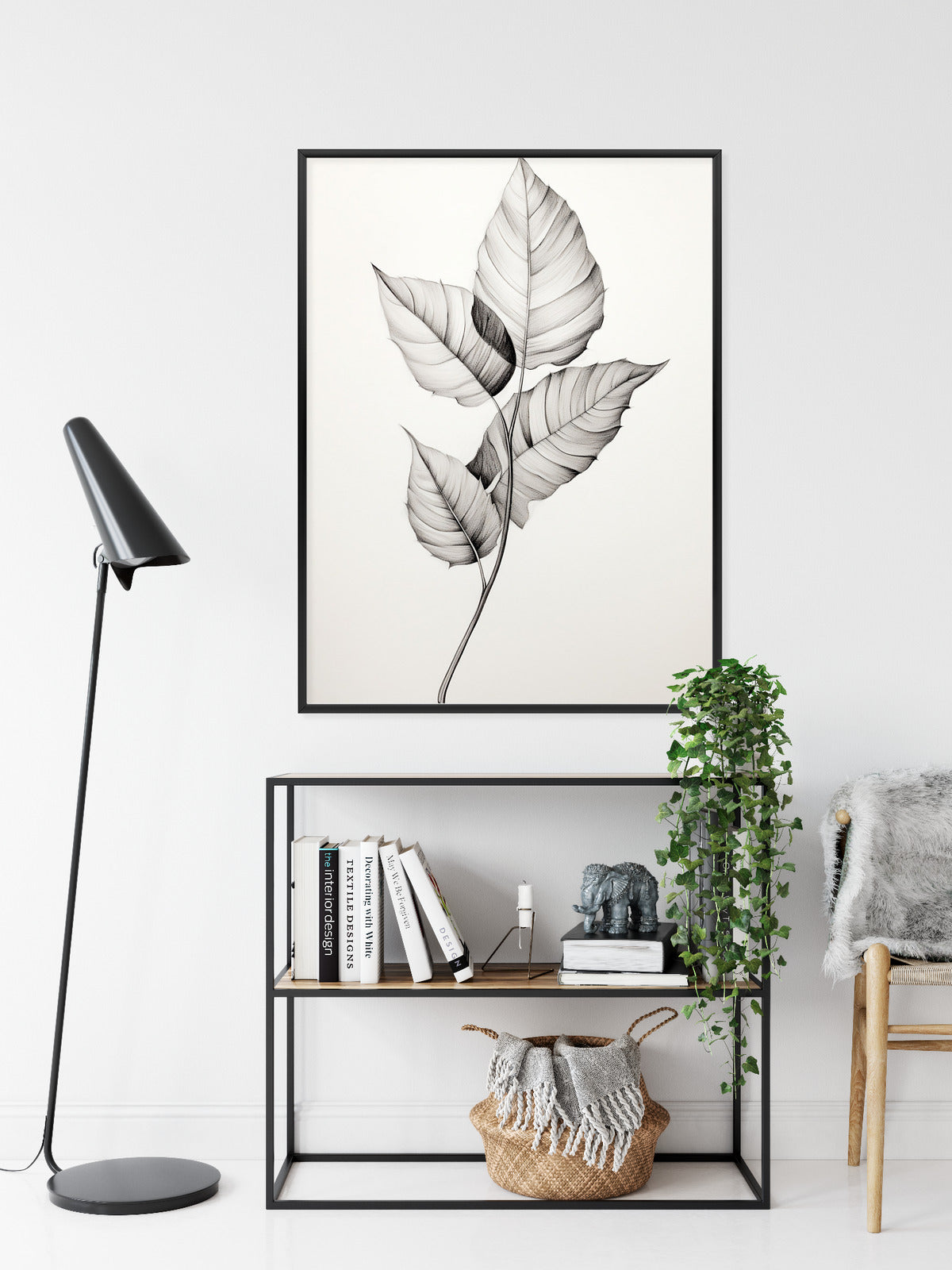 Poster Schwarze Und Weiße Blätter Rahmen Holz Mit Passepartout Farbe Natürlich