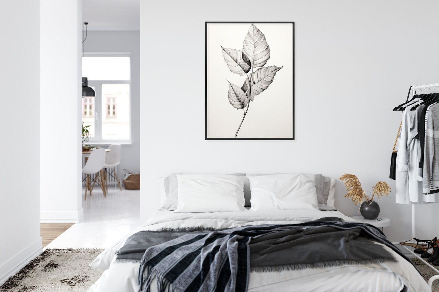 Poster Schwarze Und Weiße Blätter Rahmen Holz Mit Passepartout Farbe Natürlich