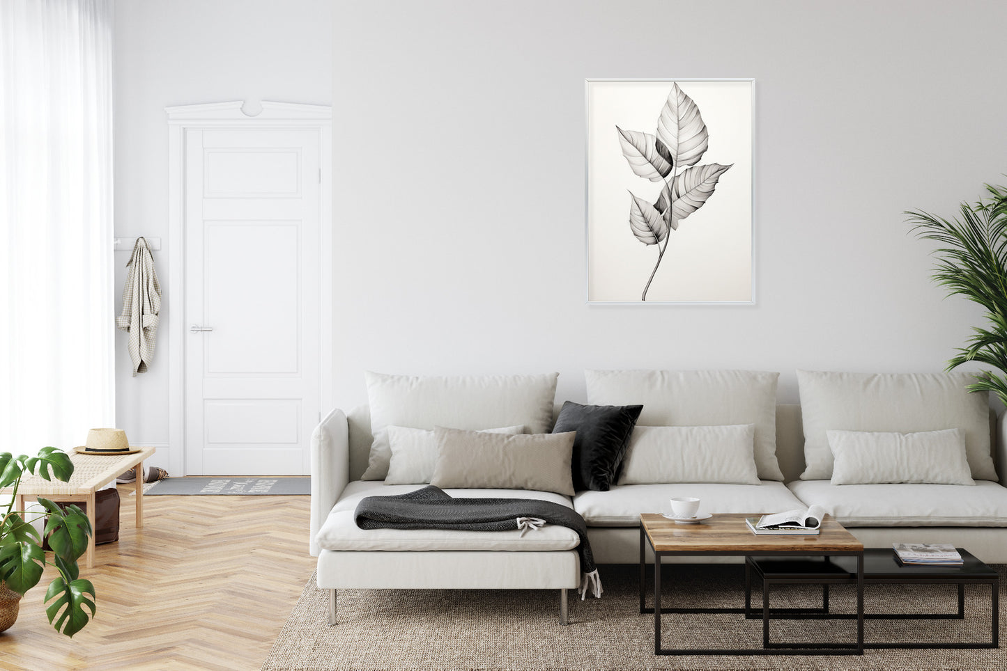 Poster Schwarze Und Weiße Blätter Rahmen Holz Mit Passepartout Farbe Natürlich