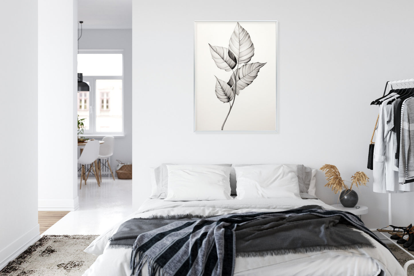 Poster Schwarze Und Weiße Blätter Rahmen Holz Mit Passepartout Farbe Natürlich