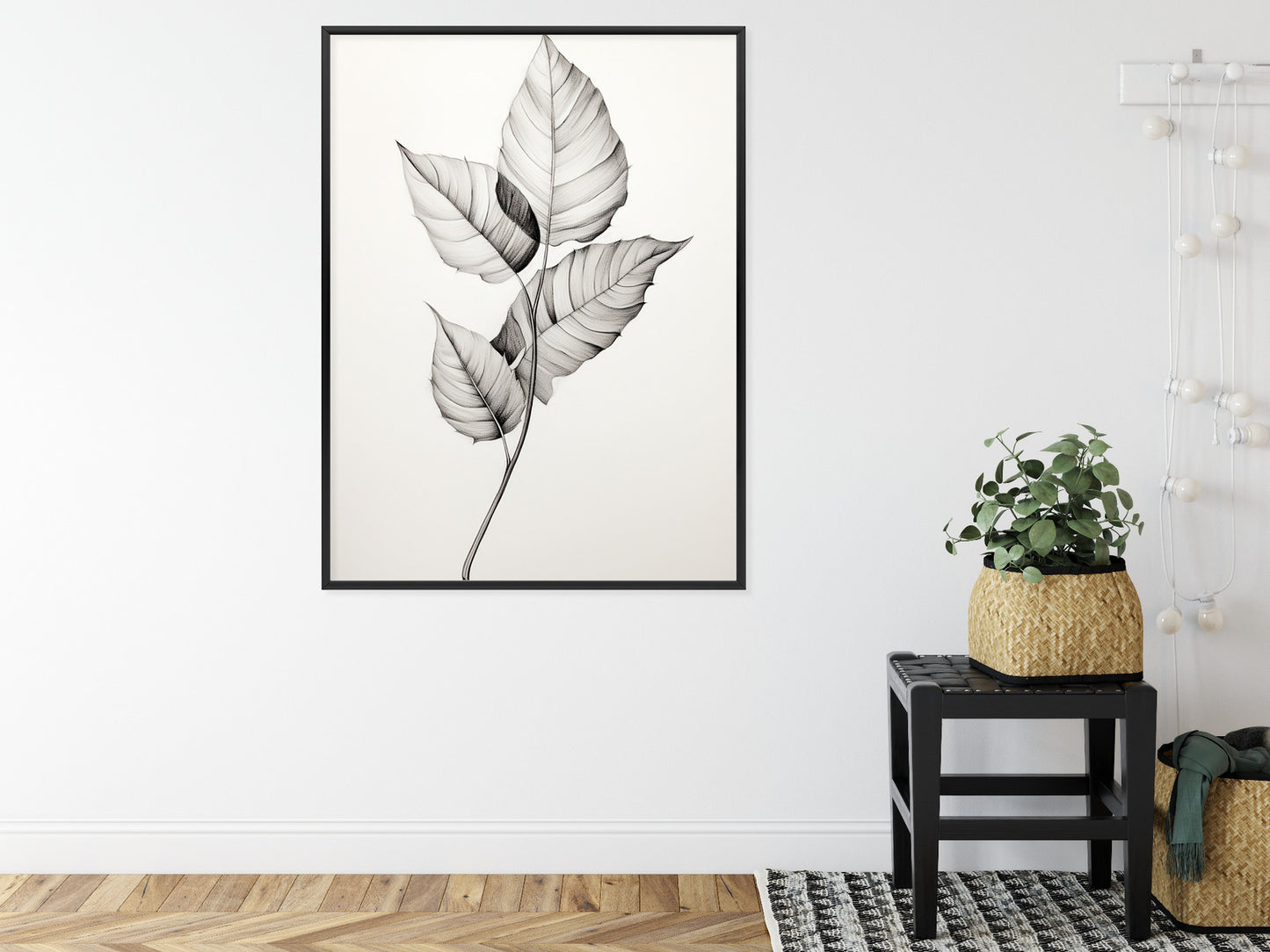 Poster Schwarze Und Weiße Blätter Rahmen Holz Mit Passepartout Farbe Natürlich