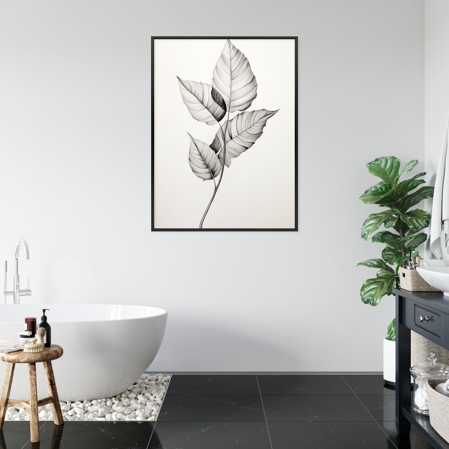 Poster Schwarze Und Weiße Blätter Rahmen Holz Mit Passepartout Farbe Natürlich
