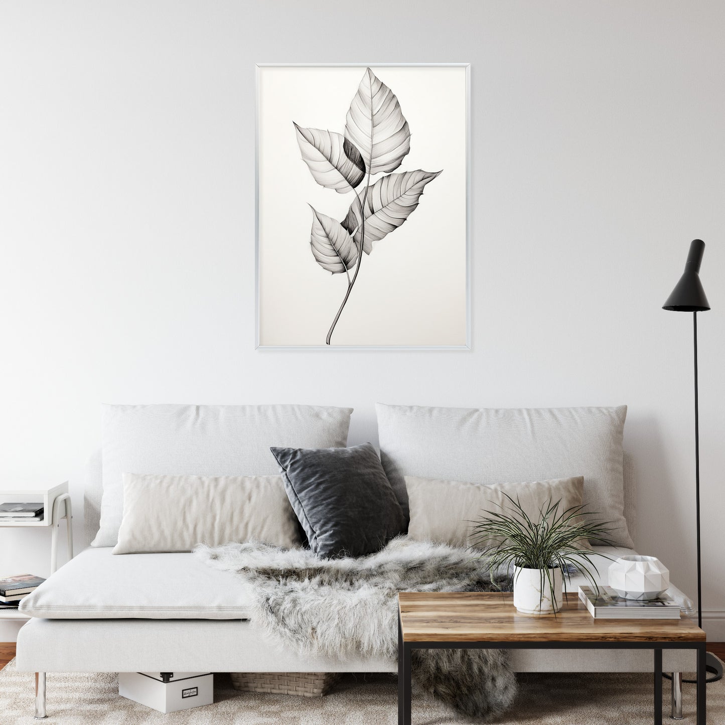 Poster Schwarze Und Weiße Blätter Rahmen Holz Mit Passepartout Farbe Natürlich