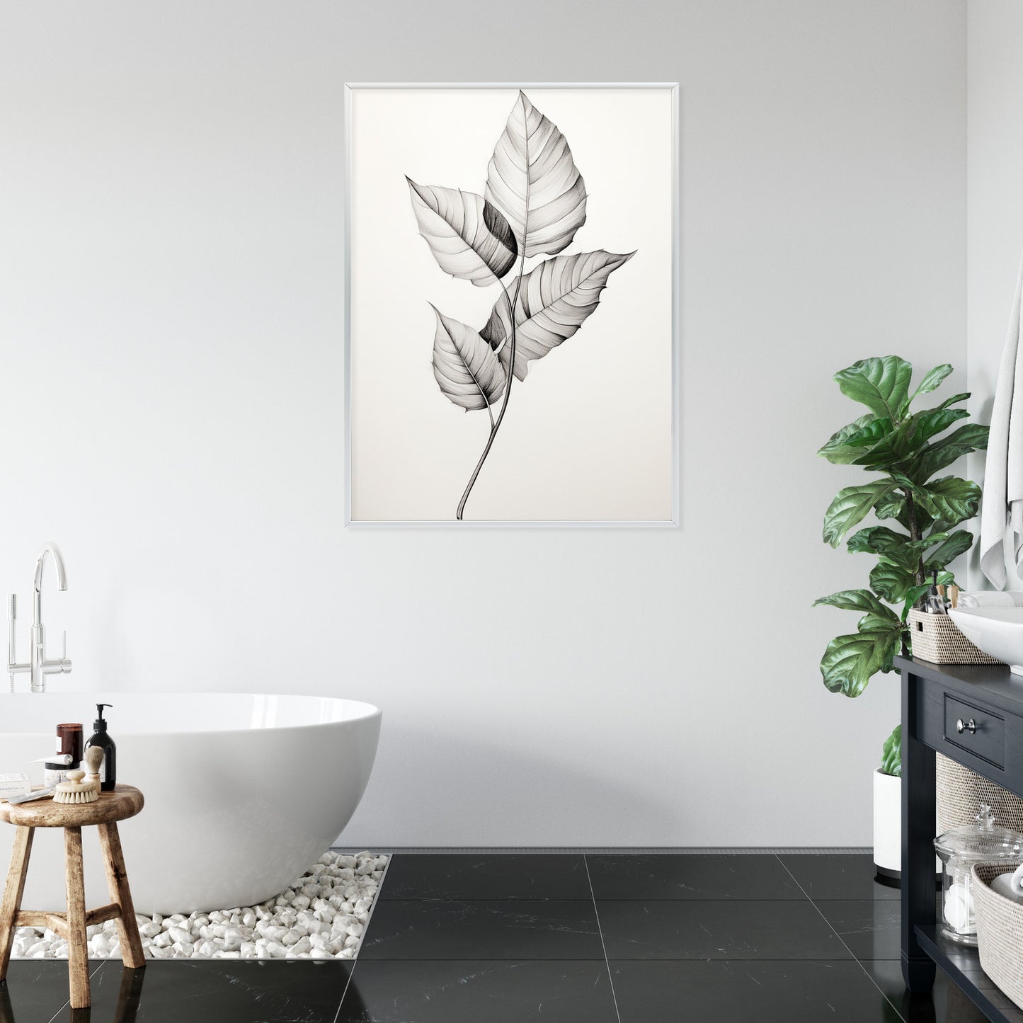Poster Schwarze Und Weiße Blätter Rahmen Holz Mit Passepartout Farbe Natürlich