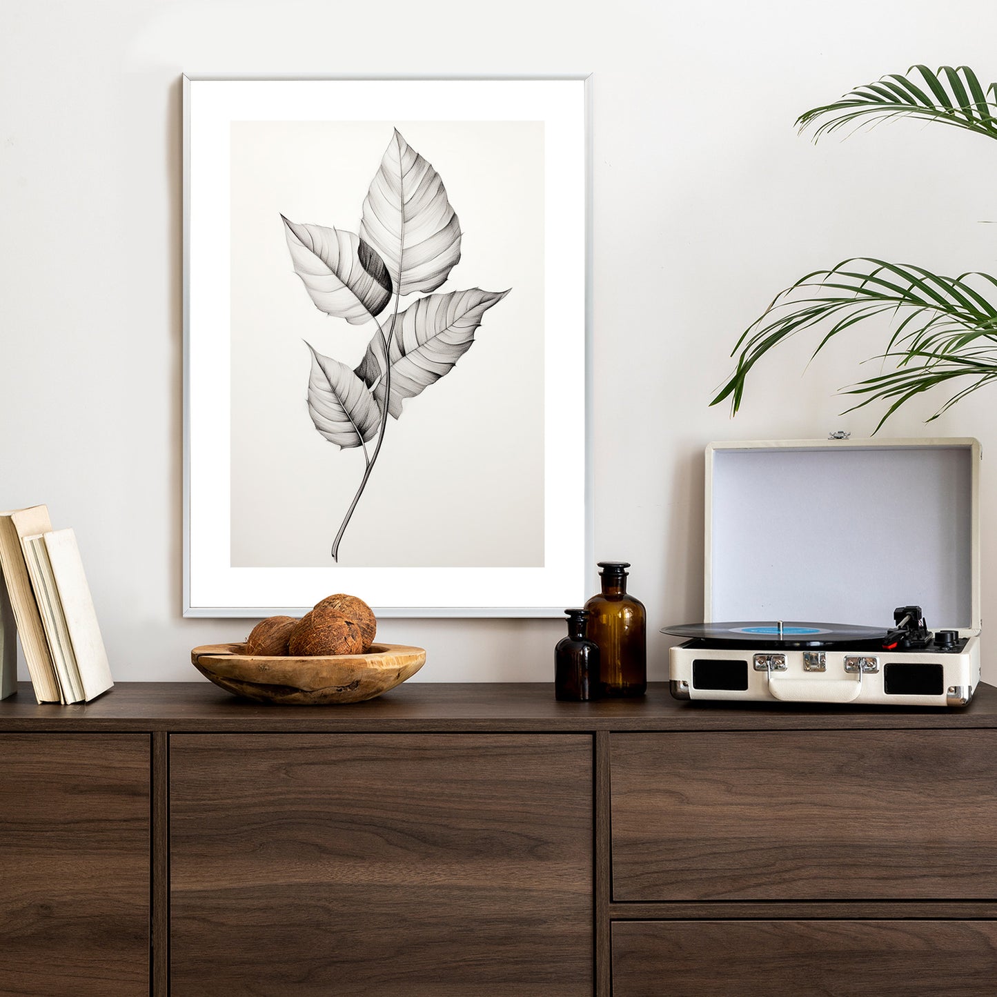 Poster Schwarze Und Weiße Blätter Rahmen Holz Mit Passepartout Farbe Natürlich