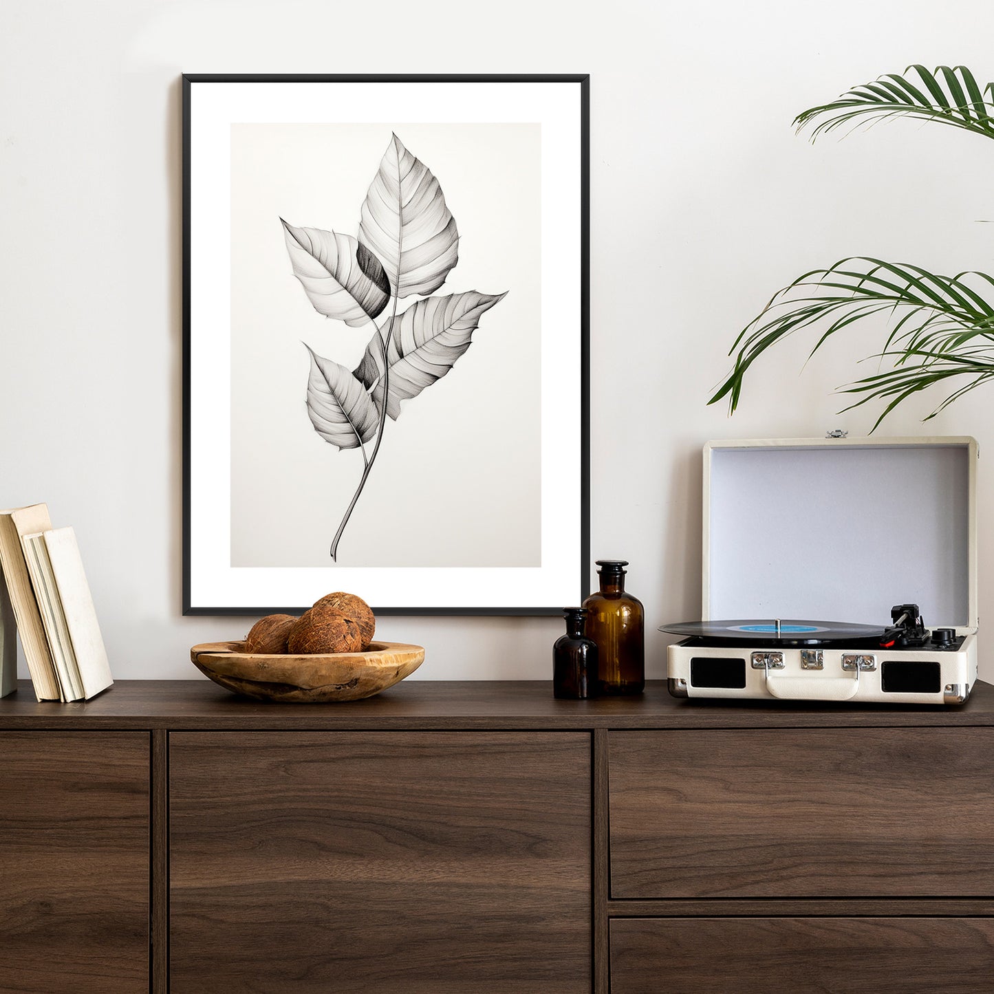 Poster Schwarze Und Weiße Blätter Rahmen Holz Mit Passepartout Farbe Natürlich