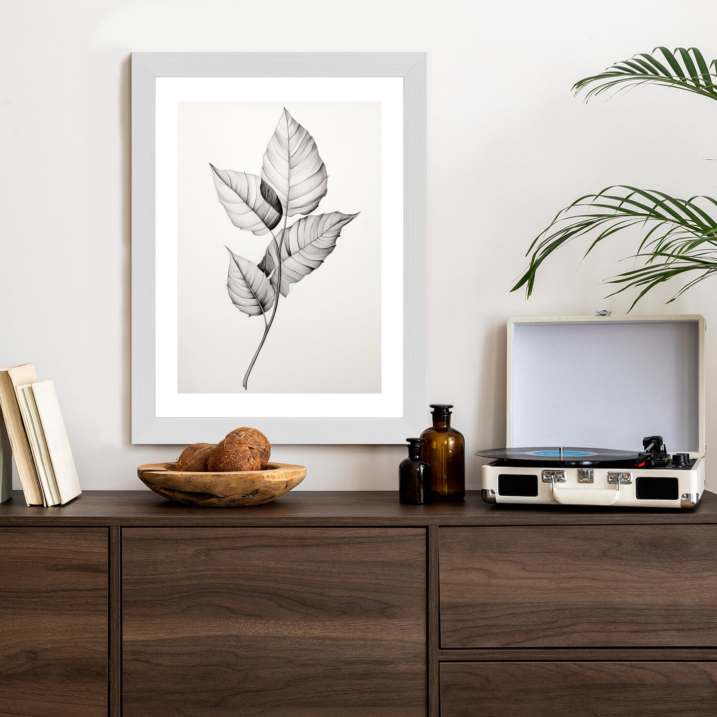 Poster Schwarze Und Weiße Blätter Rahmen Holz Mit Passepartout Farbe Natürlich