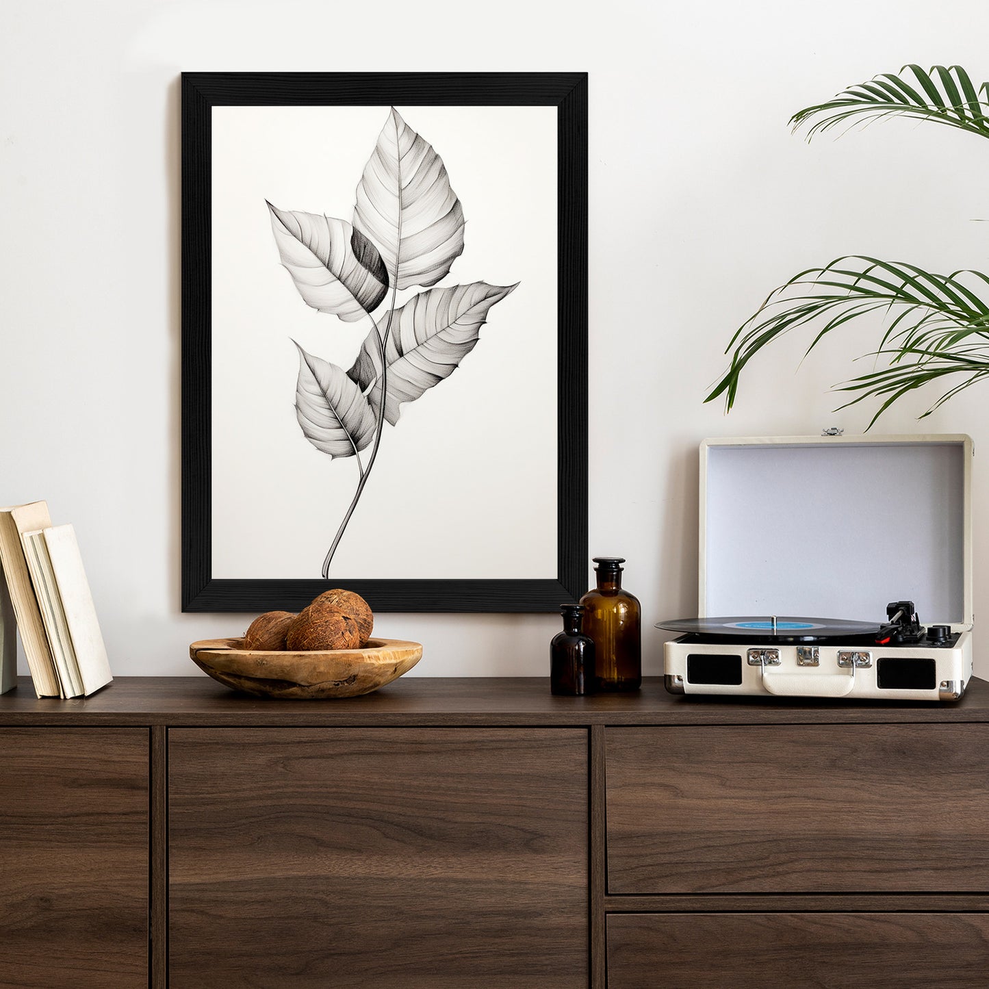 Poster Schwarze Und Weiße Blätter Rahmen Holz Mit Passepartout Farbe Natürlich
