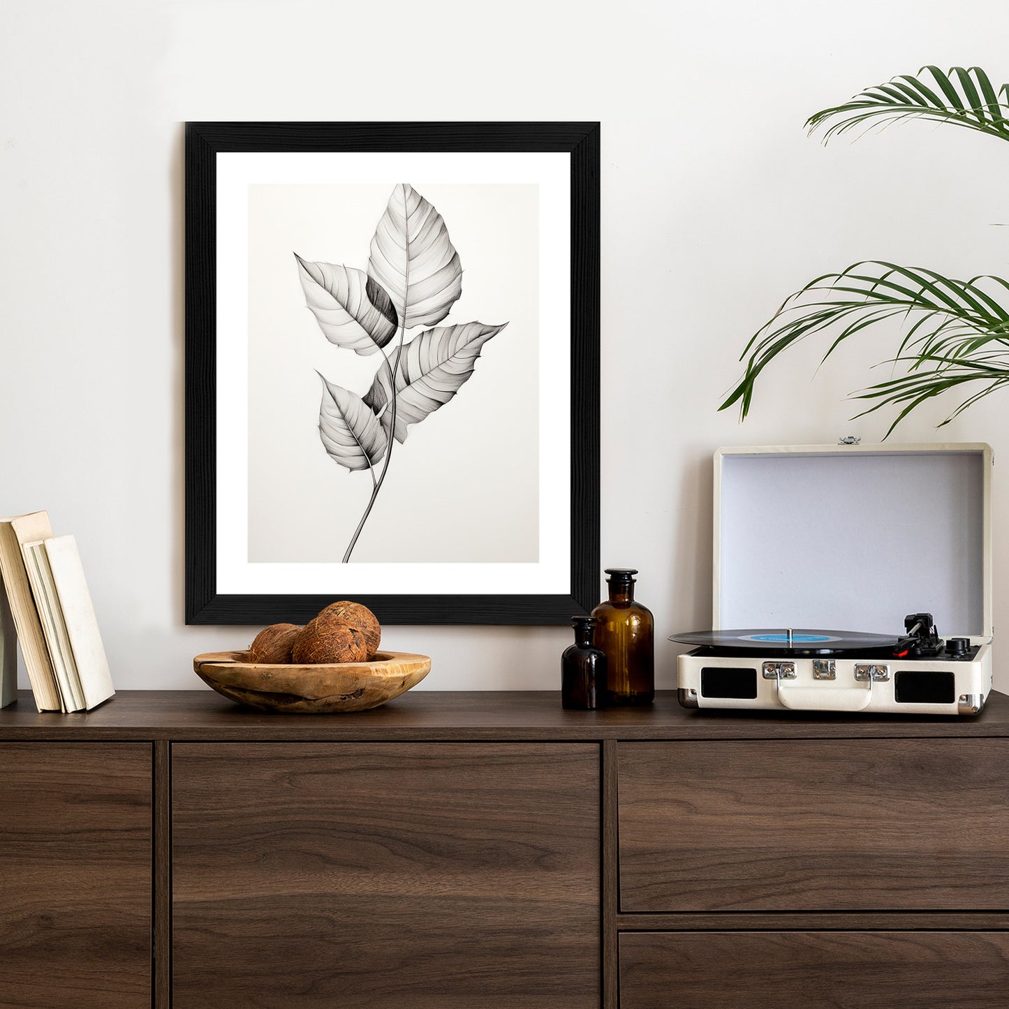 Poster Schwarze Und Weiße Blätter Rahmen Holz Mit Passepartout Farbe Natürlich