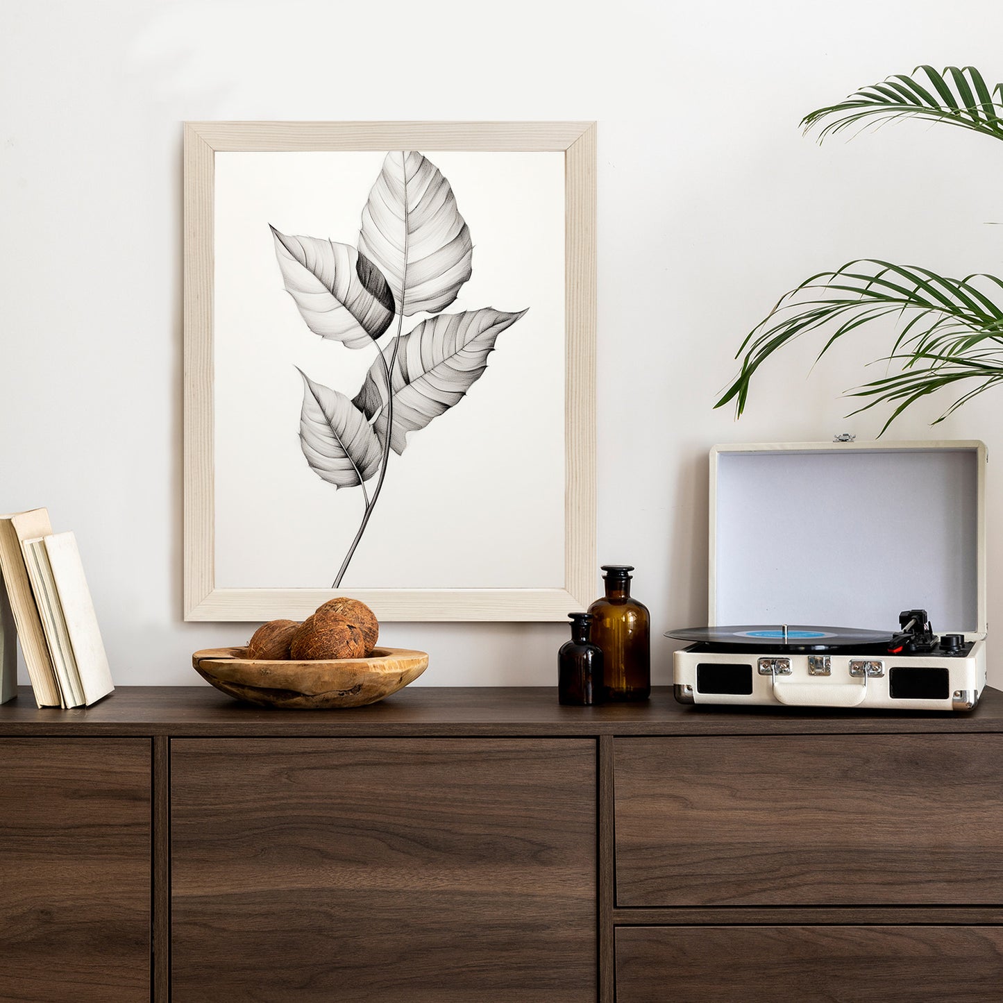 Poster Schwarze Und Weiße Blätter Rahmen Holz Mit Passepartout Farbe Natürlich