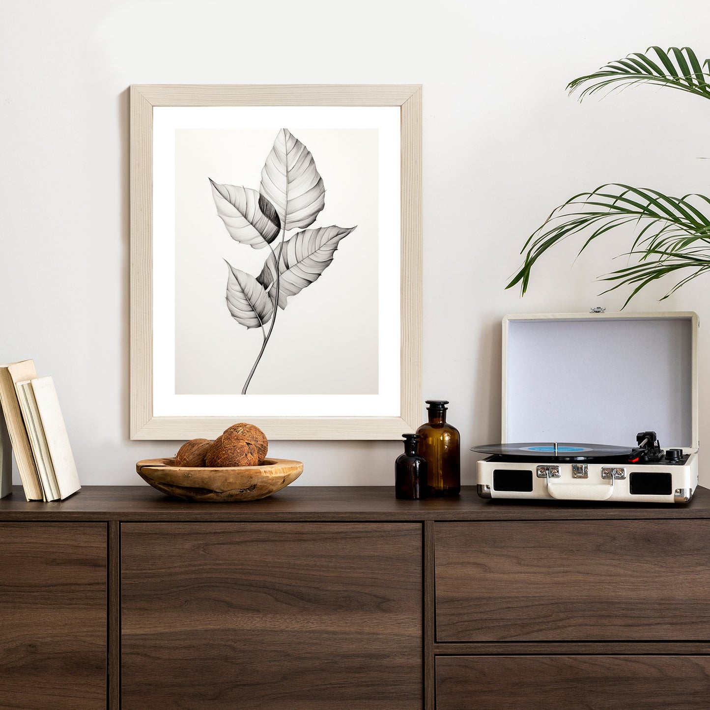Poster Schwarze Und Weiße Blätter Rahmen Holz Mit Passepartout Farbe Natürlich