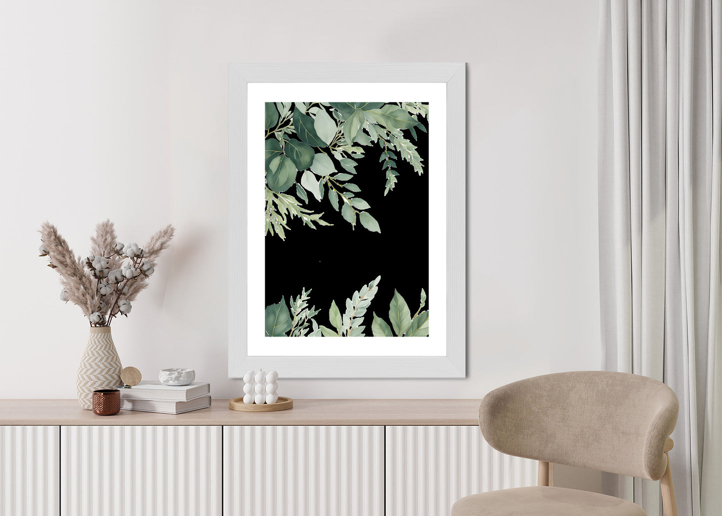 Poster Hängende Eukalyptusblätter Rahmen Hölzern Farbe Weiß