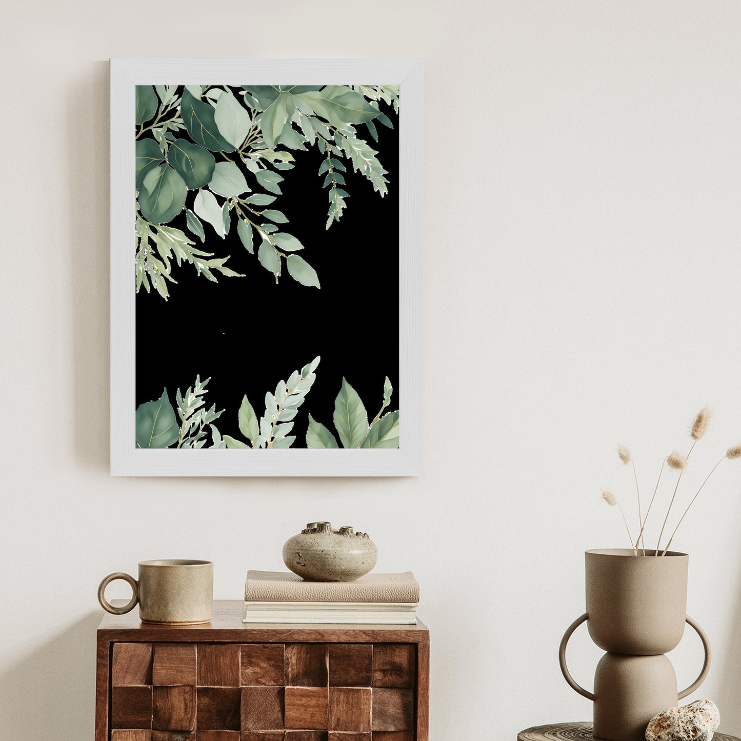 Poster Hängende Eukalyptusblätter Rahmen Hölzern Farbe Weiß