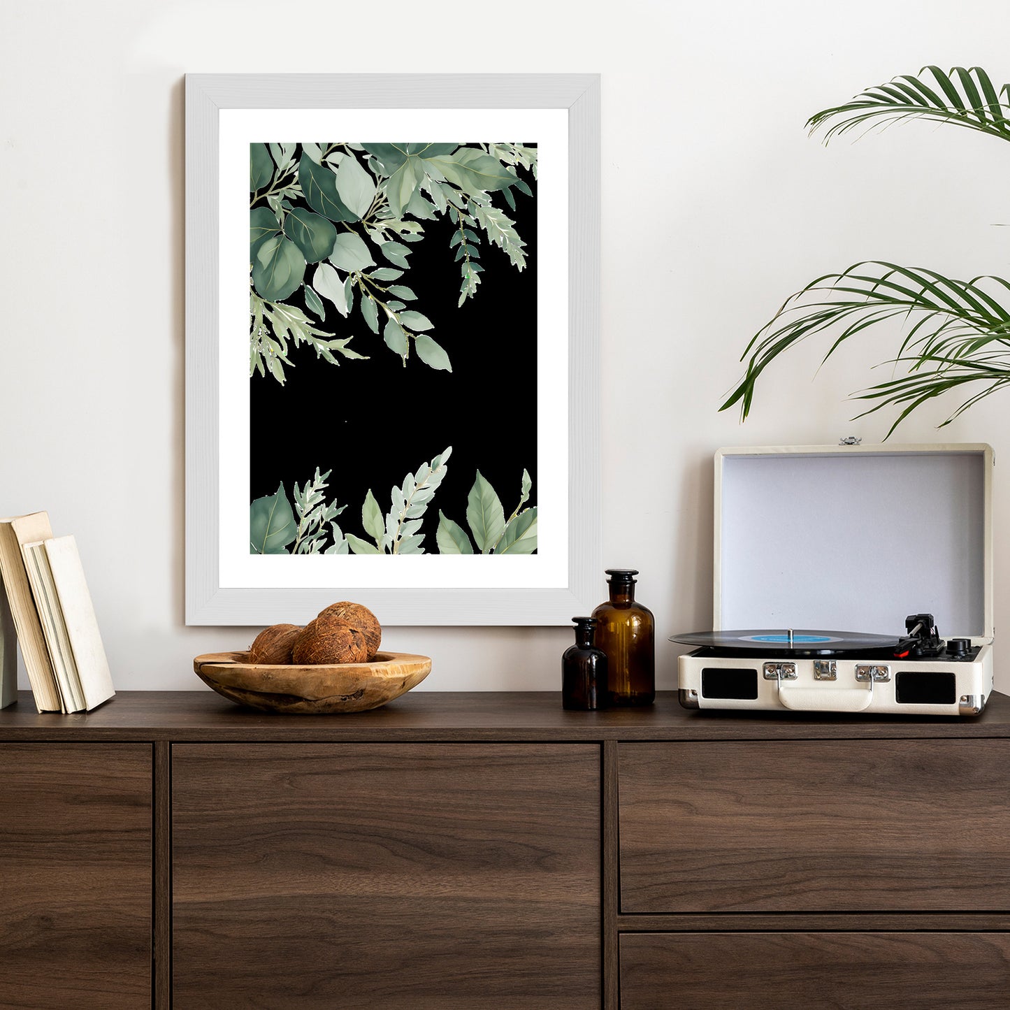 Poster Hängende Eukalyptusblätter Rahmen Hölzern Farbe Weiß