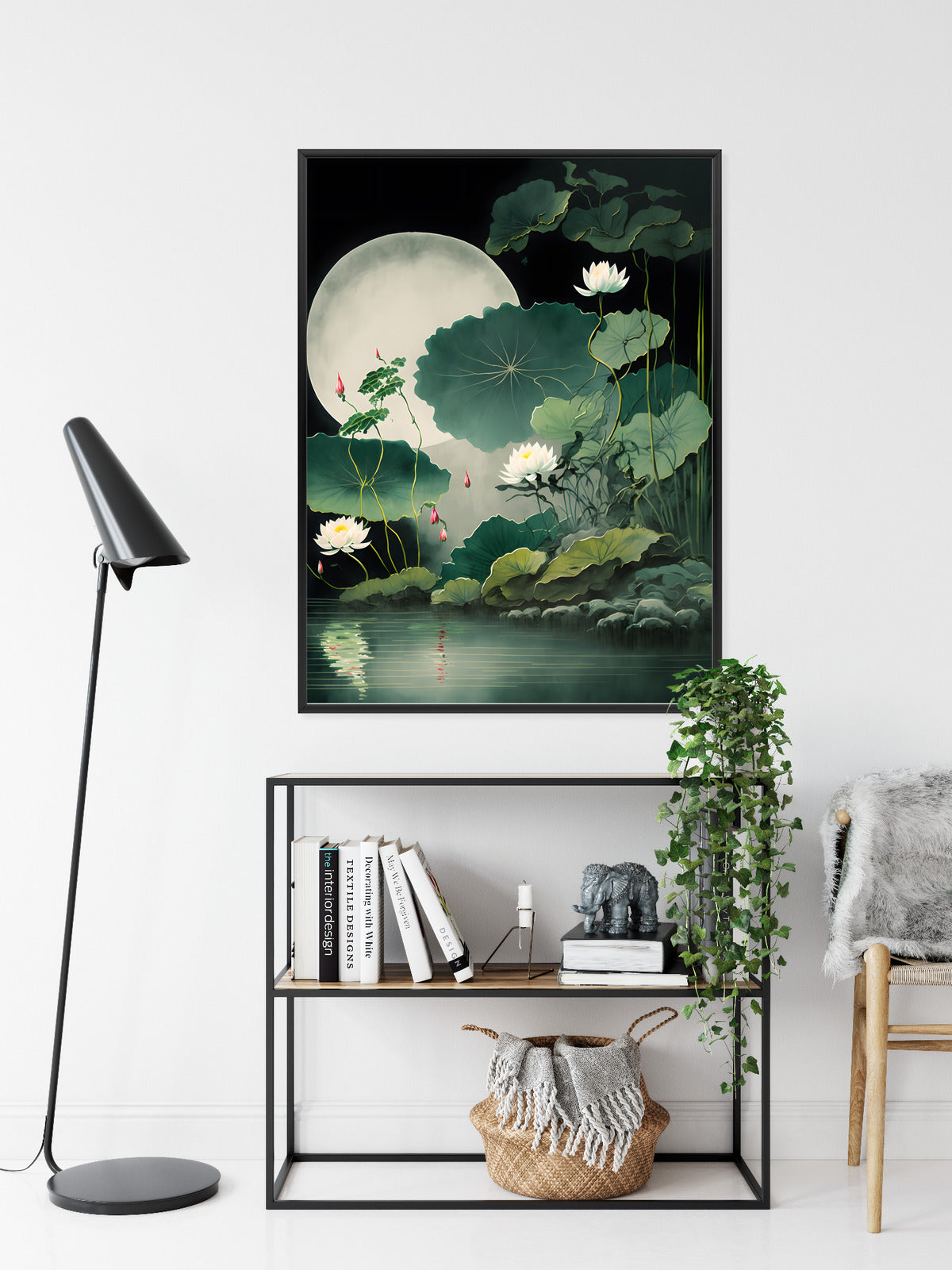 Poster Japanische Lotusblüten Und -Blätter Rahmen Holz Mit Passepartout Farbe Natürlich