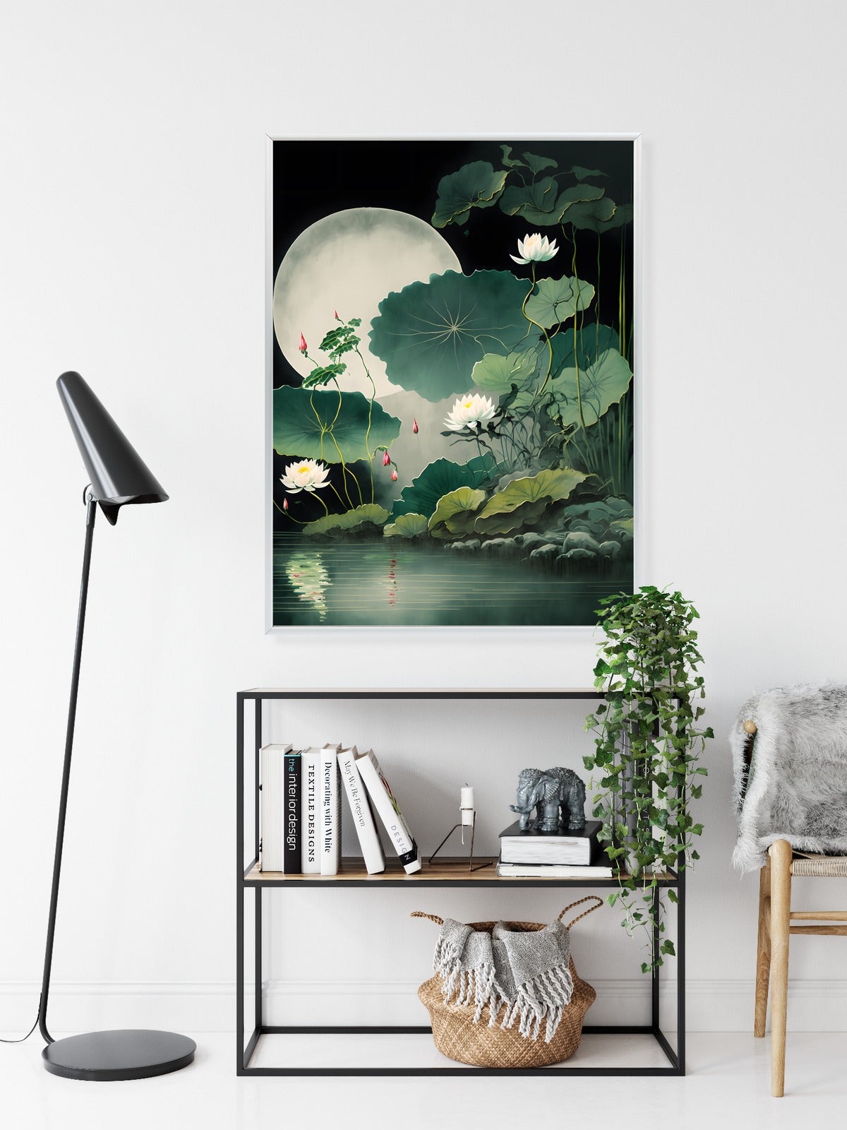 Poster Japanische Lotusblüten Und -Blätter Rahmen Holz Mit Passepartout Farbe Natürlich