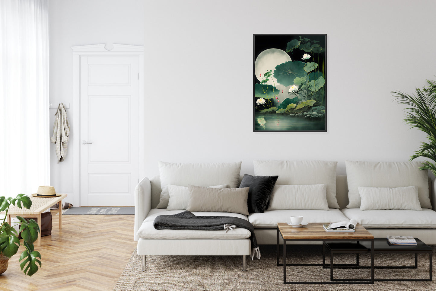 Poster Japanische Lotusblüten Und -Blätter Rahmen Holz Mit Passepartout Farbe Natürlich