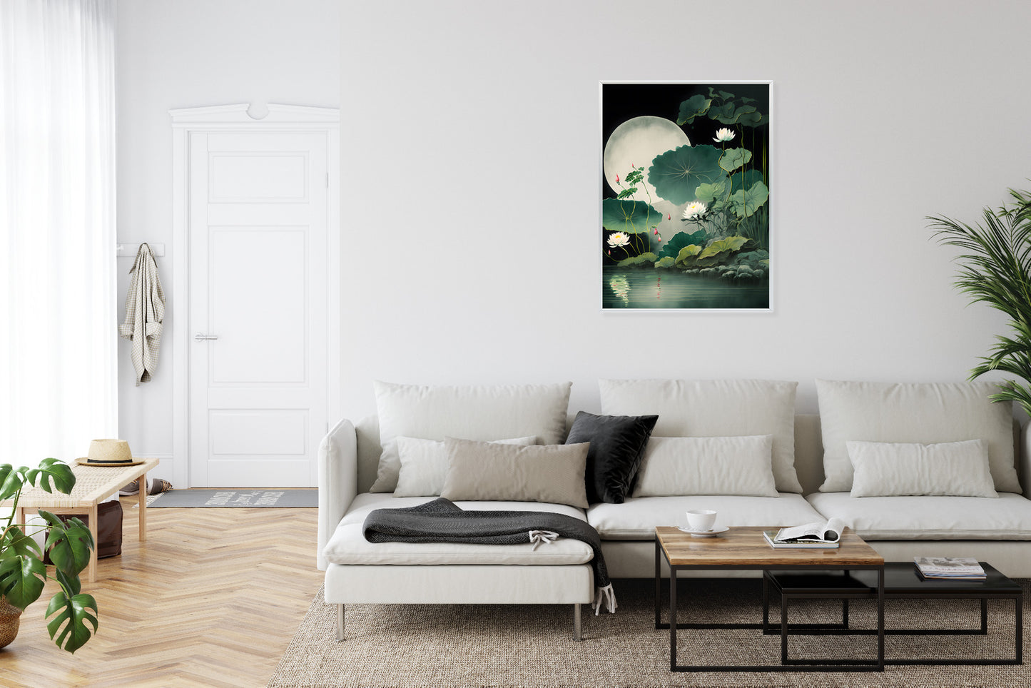 Poster Japanische Lotusblüten Und -Blätter Rahmen Holz Mit Passepartout Farbe Natürlich
