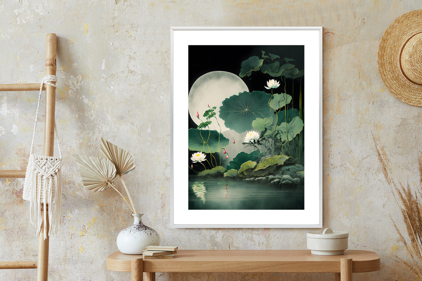 Poster Japanische Lotusblüten Und -Blätter Rahmen Holz Mit Passepartout Farbe Natürlich
