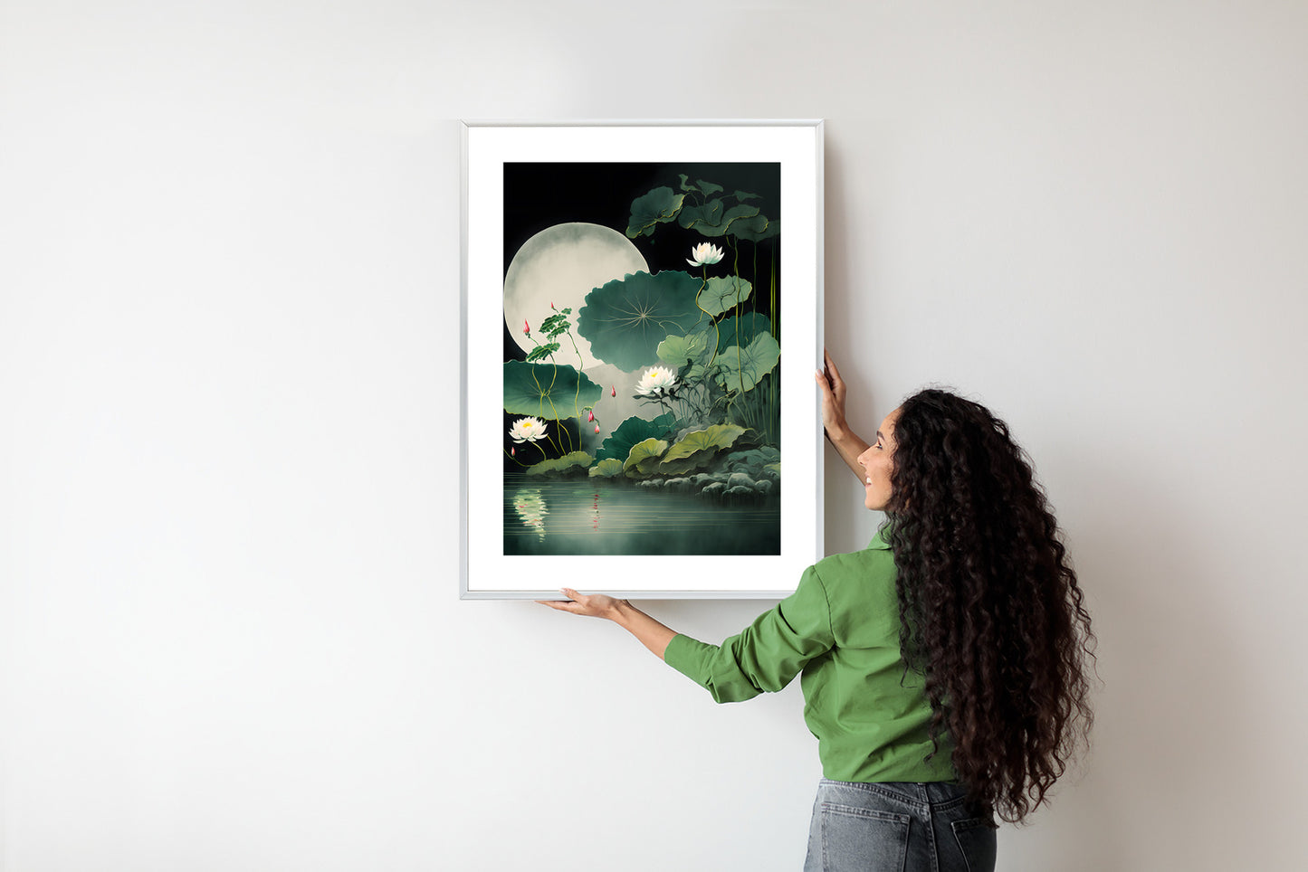 Poster Japanische Lotusblüten Und -Blätter Rahmen Holz Mit Passepartout Farbe Natürlich
