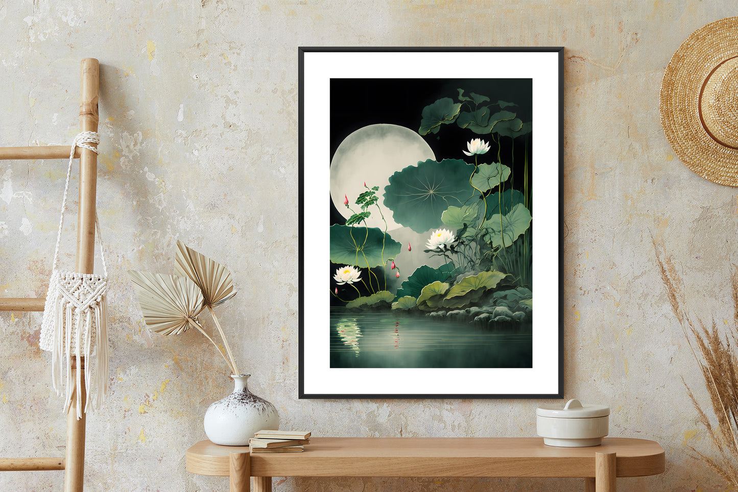 Poster Japanische Lotusblüten Und -Blätter Rahmen Holz Mit Passepartout Farbe Natürlich