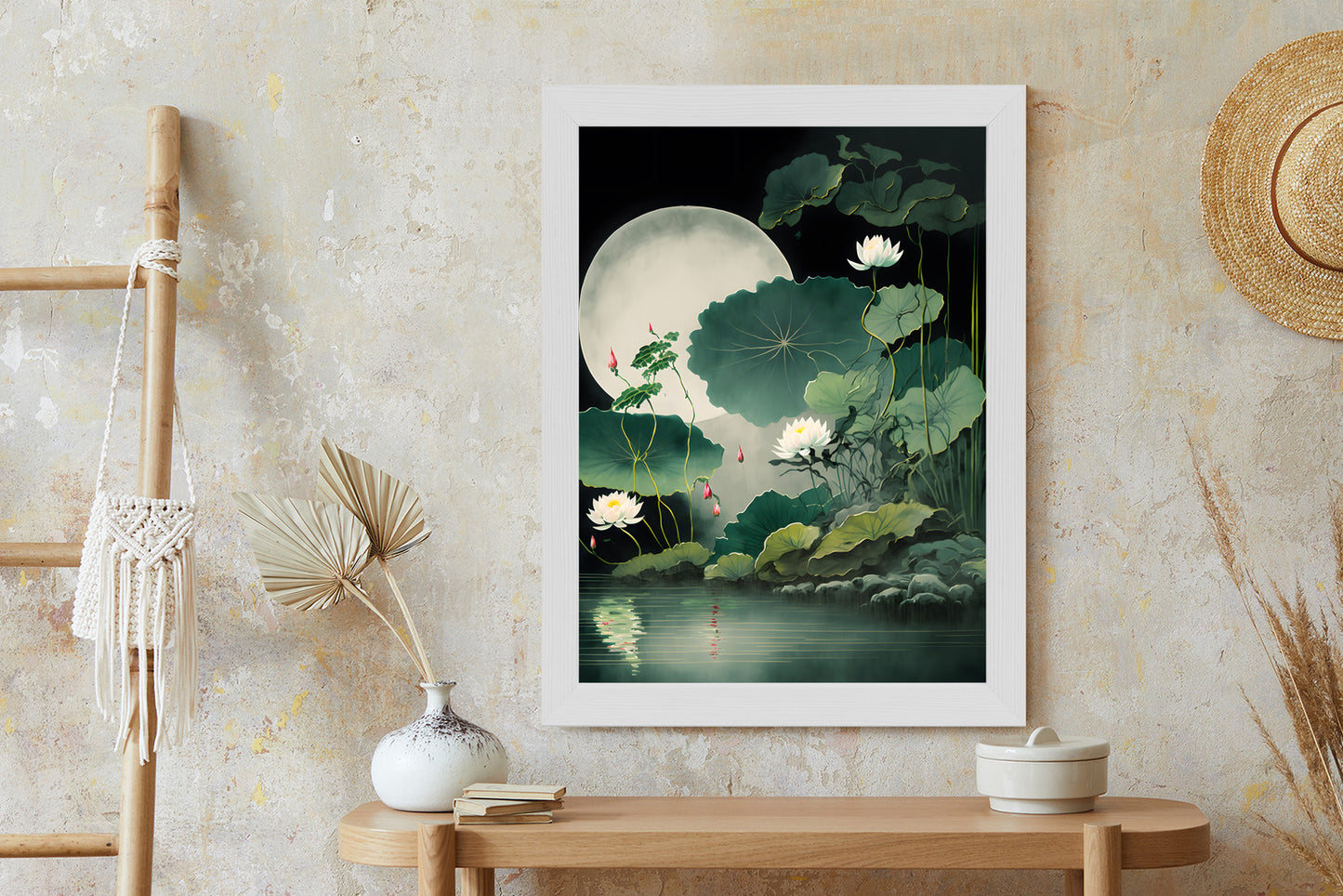 Poster Japanische Lotusblüten Und -Blätter Rahmen Holz Mit Passepartout Farbe Natürlich