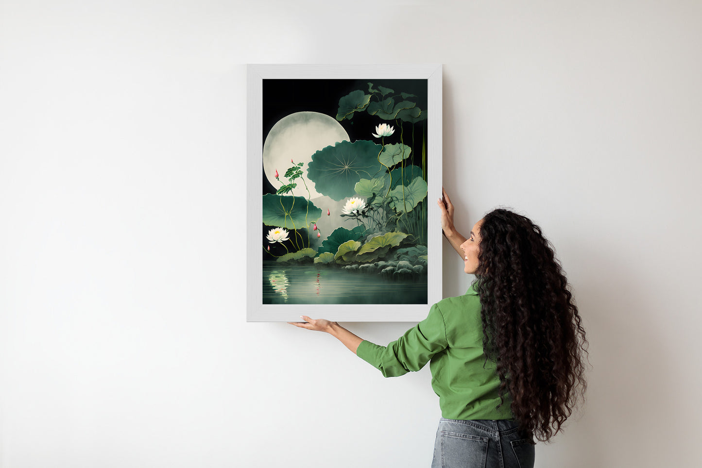 Poster Japanische Lotusblüten Und -Blätter Rahmen Holz Mit Passepartout Farbe Natürlich