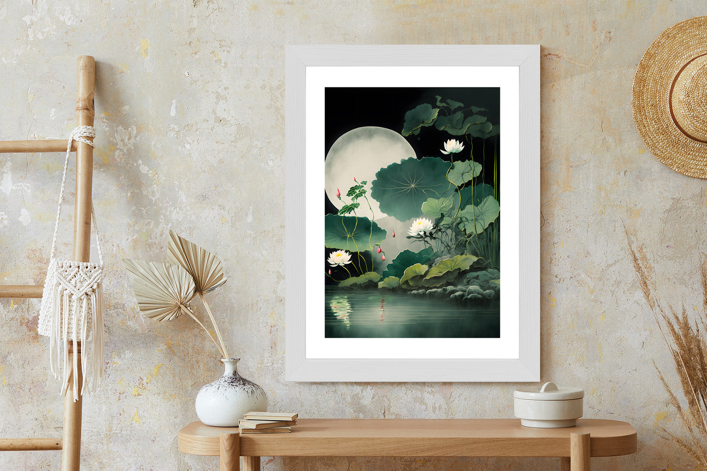 Poster Japanische Lotusblüten Und -Blätter Rahmen Holz Mit Passepartout Farbe Natürlich