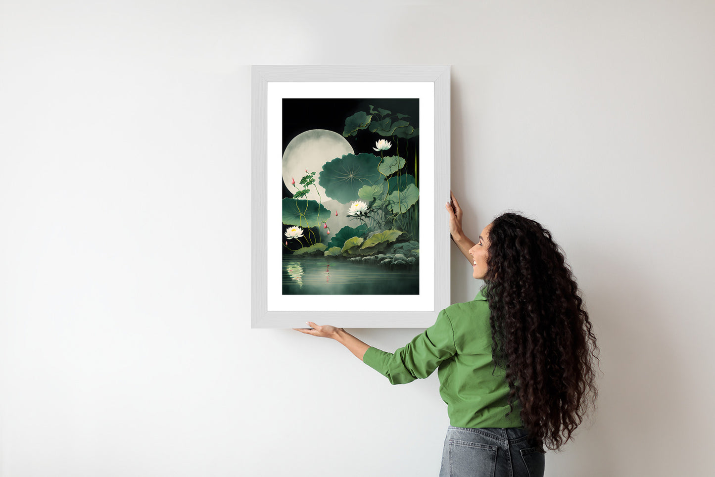 Poster Japanische Lotusblüten Und -Blätter Rahmen Holz Mit Passepartout Farbe Natürlich