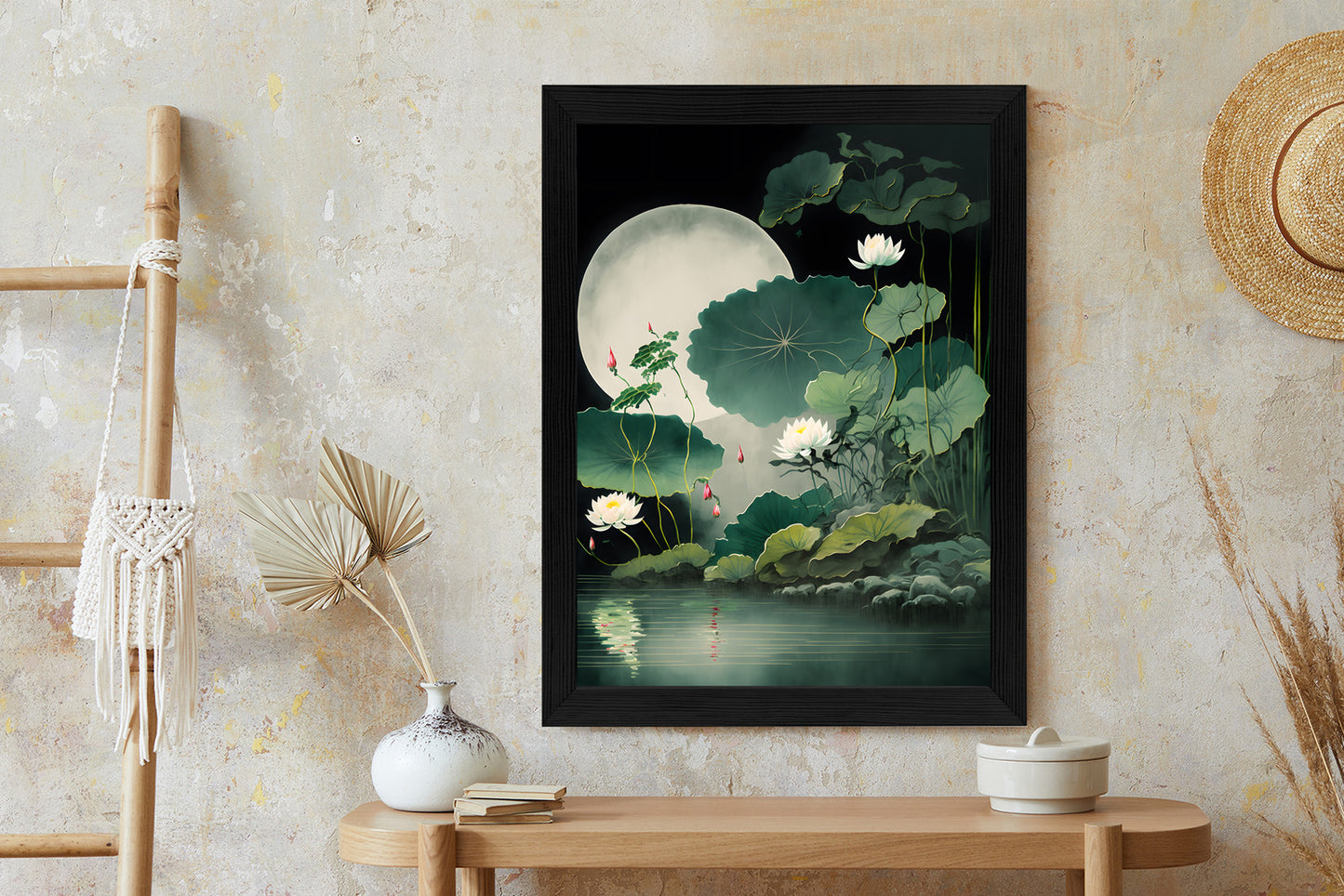 Poster Japanische Lotusblüten Und -Blätter Rahmen Holz Mit Passepartout Farbe Natürlich