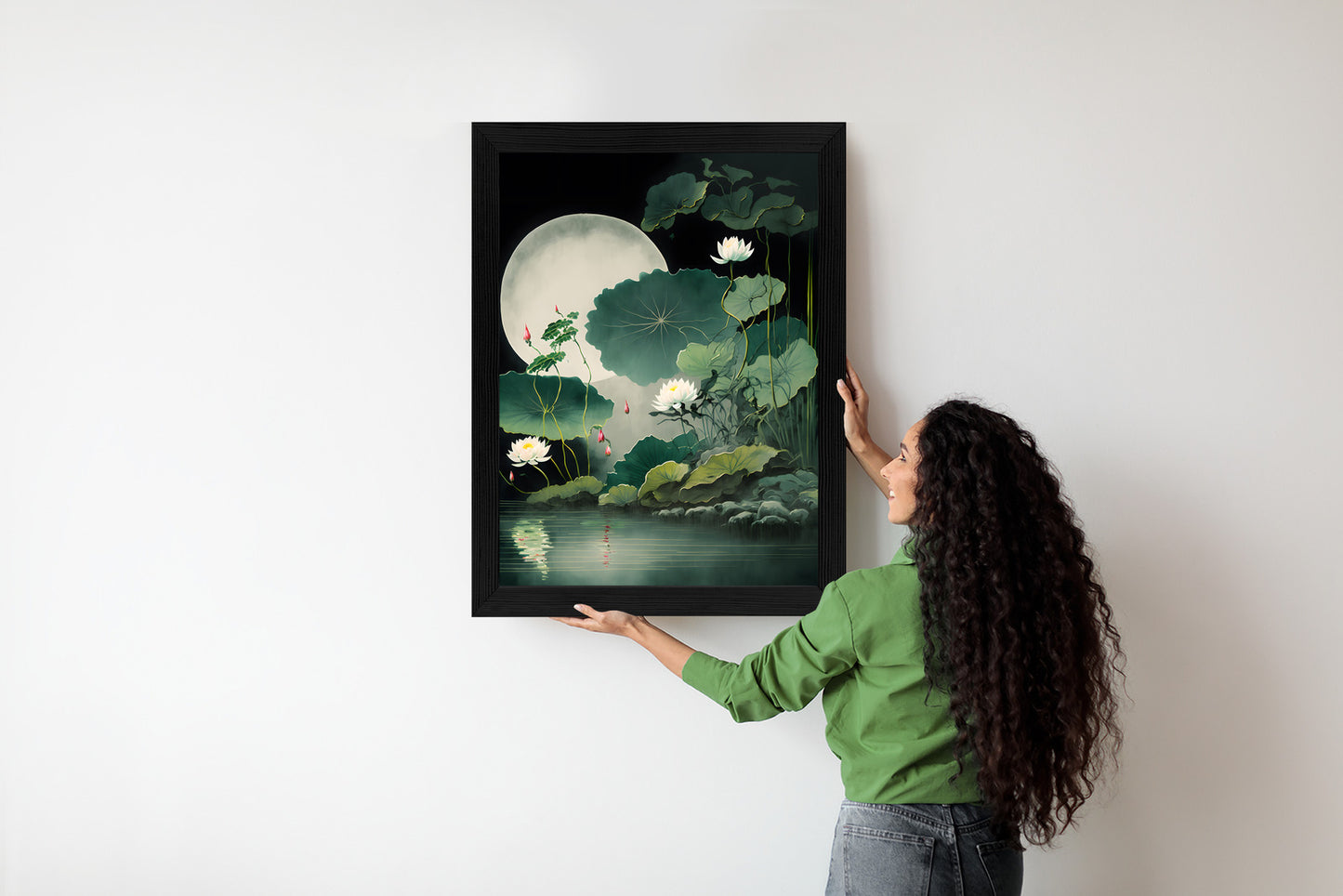 Poster Japanische Lotusblüten Und -Blätter Rahmen Holz Mit Passepartout Farbe Natürlich