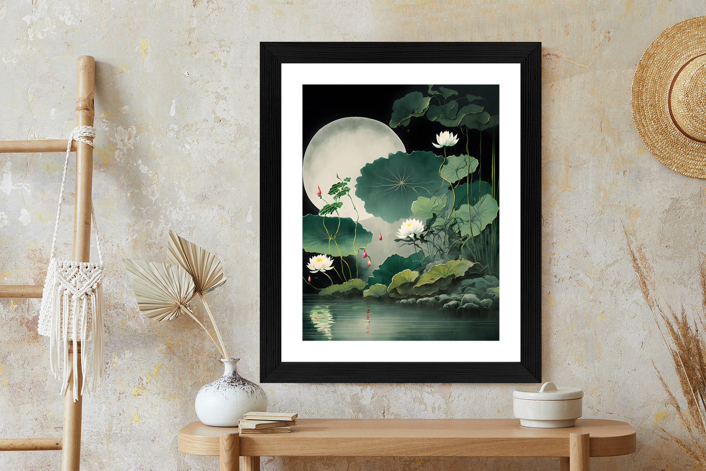 Poster Japanische Lotusblüten Und -Blätter Rahmen Holz Mit Passepartout Farbe Natürlich