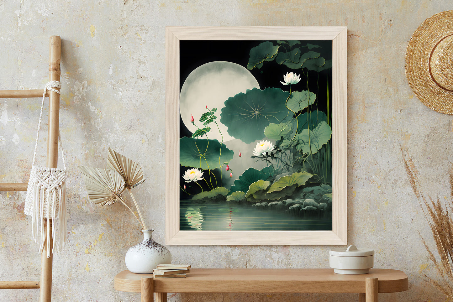 Poster Japanische Lotusblüten Und -Blätter Rahmen Holz Mit Passepartout Farbe Natürlich