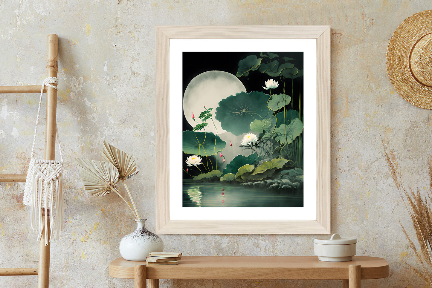 Poster Japanische Lotusblüten Und -Blätter Rahmen Holz Mit Passepartout Farbe Natürlich