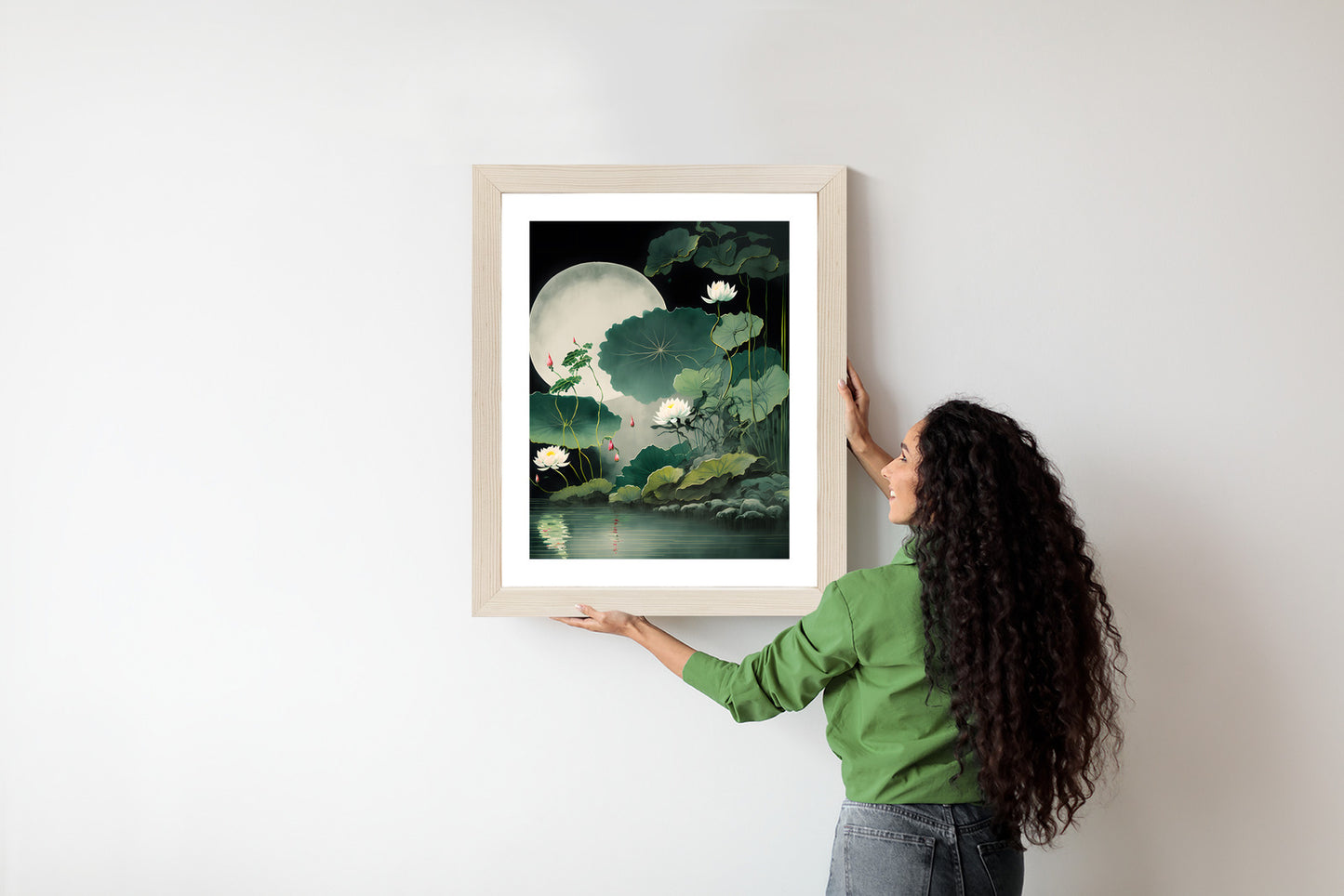 Poster Japanische Lotusblüten Und -Blätter Rahmen Holz Mit Passepartout Farbe Natürlich