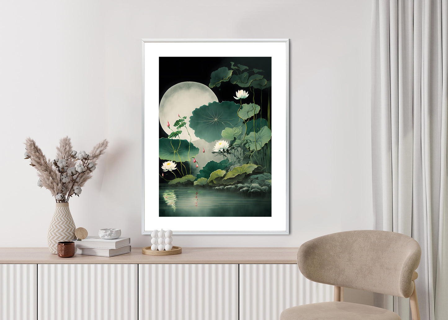 Poster Japanische Lotusblüten Und -Blätter Rahmen Holz Mit Passepartout Farbe Natürlich