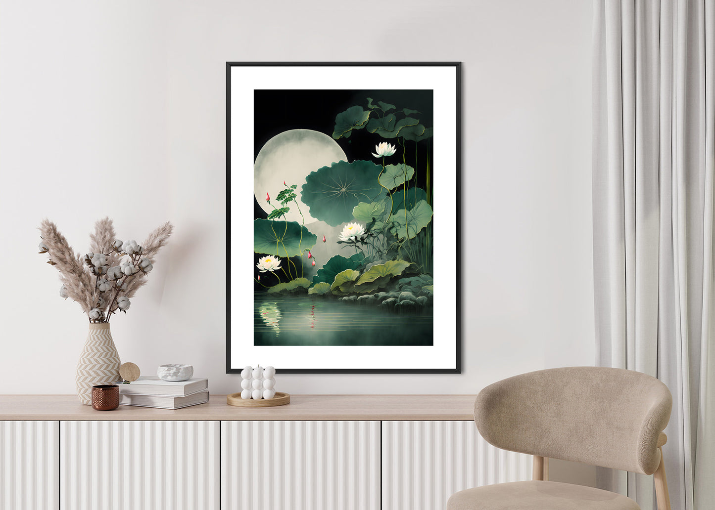 Poster Japanische Lotusblüten Und -Blätter Rahmen Holz Mit Passepartout Farbe Natürlich