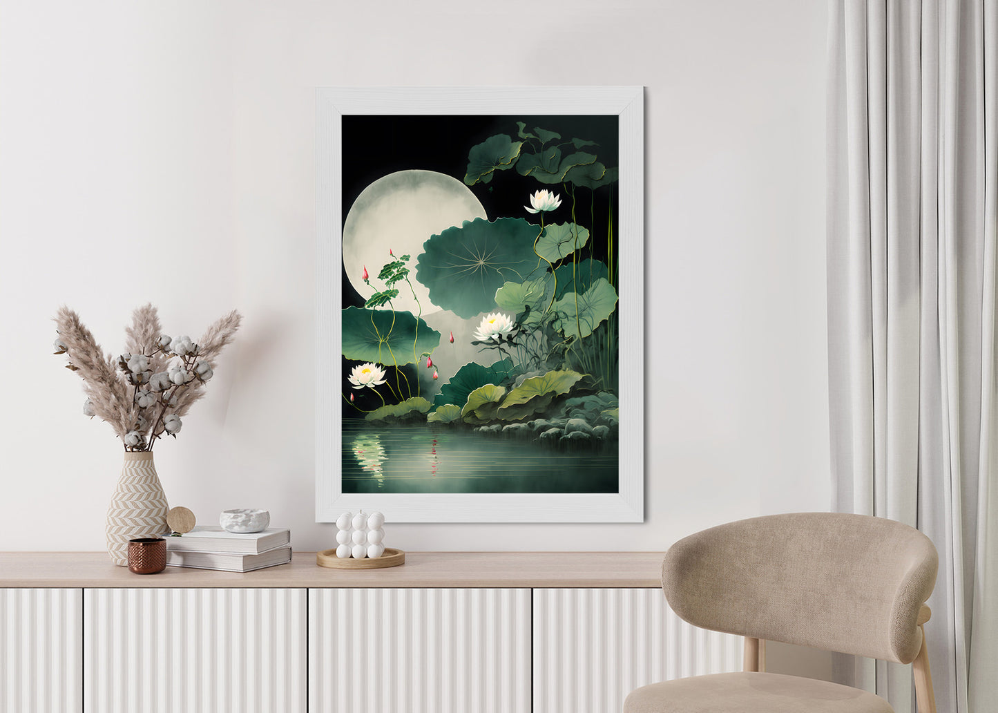 Poster Japanische Lotusblüten Und -Blätter Rahmen Holz Mit Passepartout Farbe Natürlich
