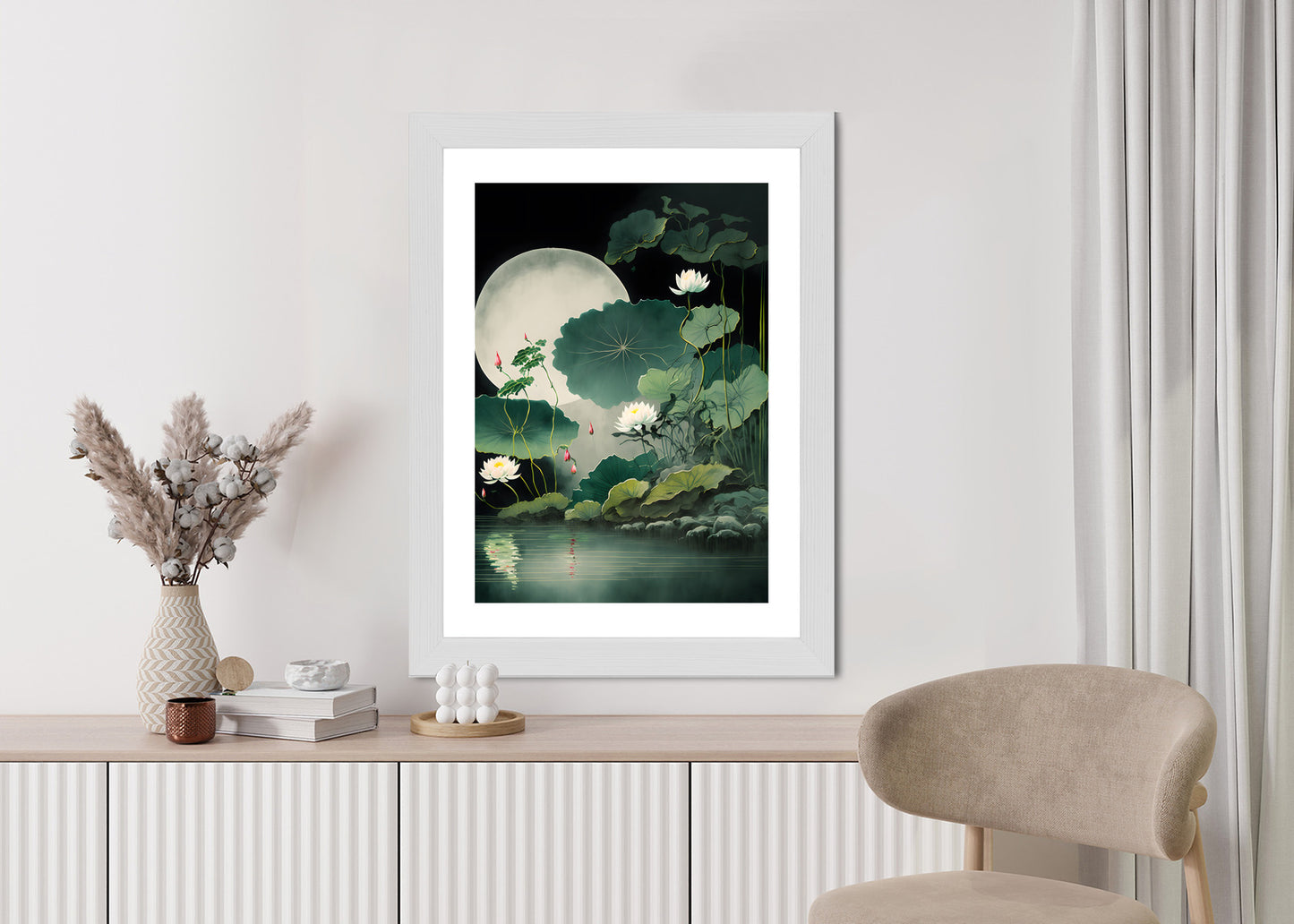 Poster Japanische Lotusblüten Und -Blätter Rahmen Holz Mit Passepartout Farbe Natürlich