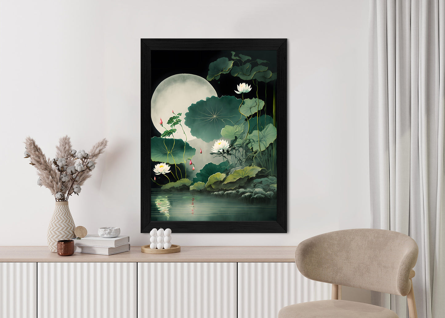 Poster Japanische Lotusblüten Und -Blätter Rahmen Holz Mit Passepartout Farbe Natürlich