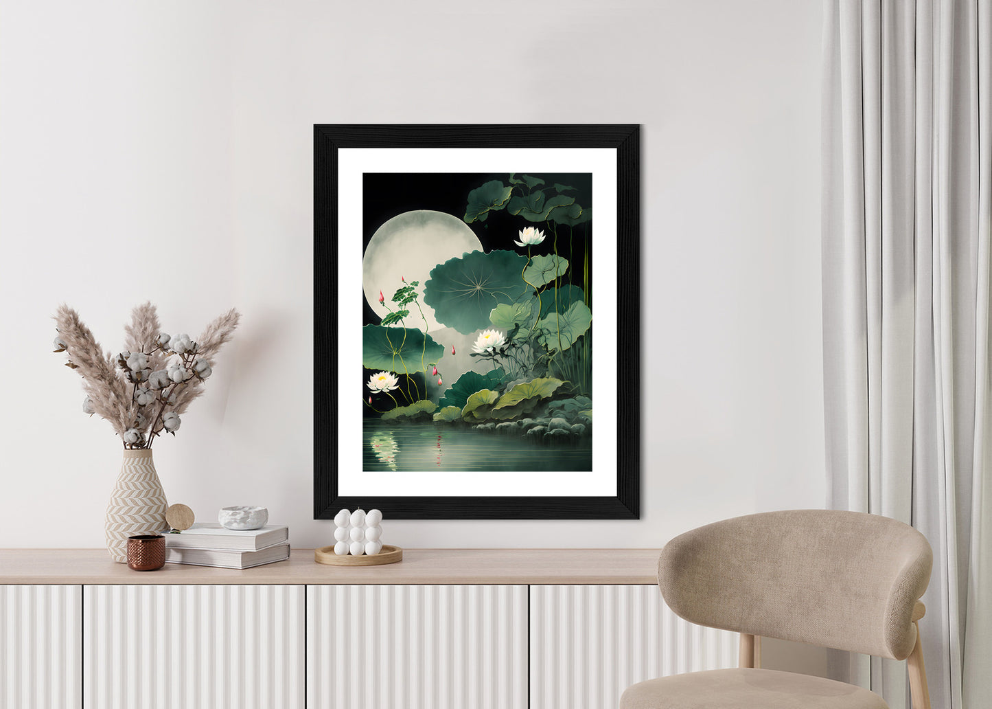 Poster Japanische Lotusblüten Und -Blätter Rahmen Holz Mit Passepartout Farbe Natürlich