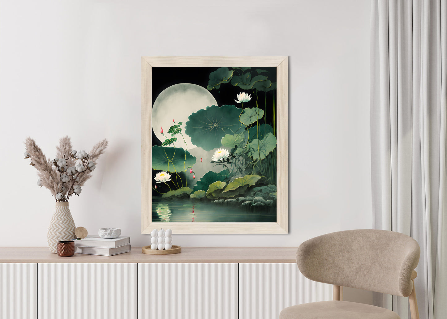 Poster Japanische Lotusblüten Und -Blätter Rahmen Holz Mit Passepartout Farbe Natürlich