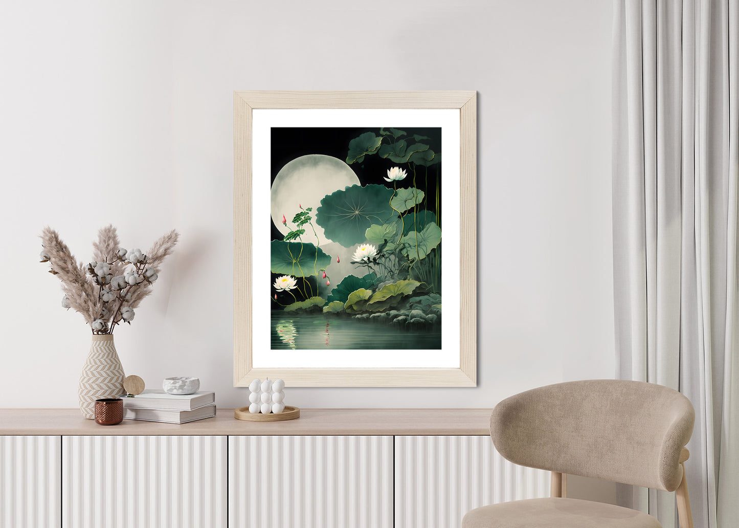 Poster Japanische Lotusblüten Und -Blätter Rahmen Holz Mit Passepartout Farbe Natürlich