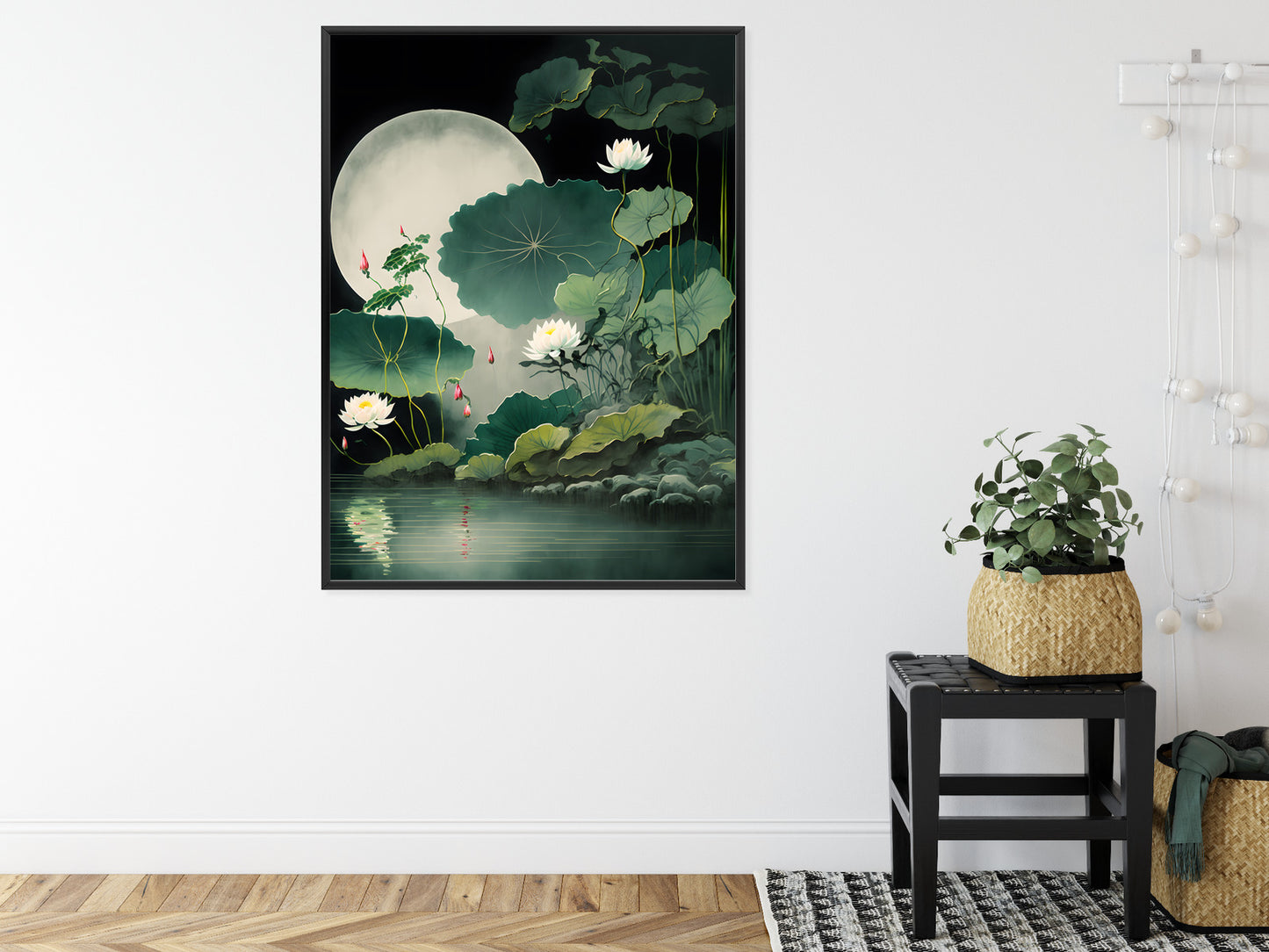 Poster Japanische Lotusblüten Und -Blätter Rahmen Holz Mit Passepartout Farbe Natürlich