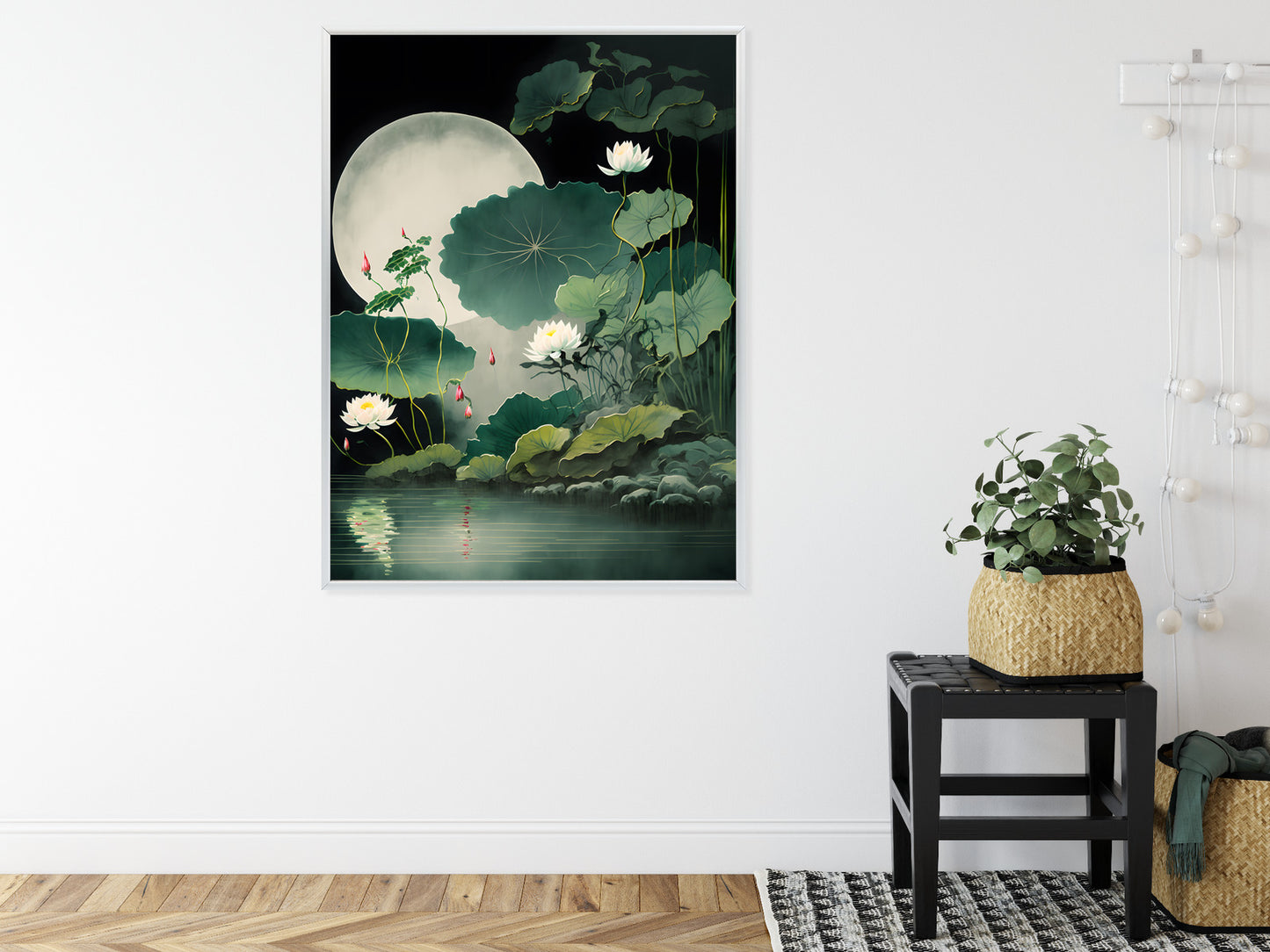 Poster Japanische Lotusblüten Und -Blätter Rahmen Holz Mit Passepartout Farbe Natürlich