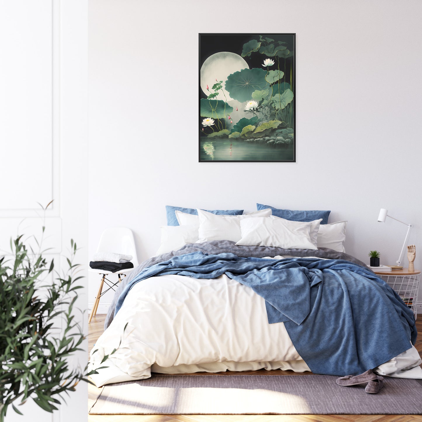 Poster Japanische Lotusblüten Und -Blätter Rahmen Holz Mit Passepartout Farbe Natürlich