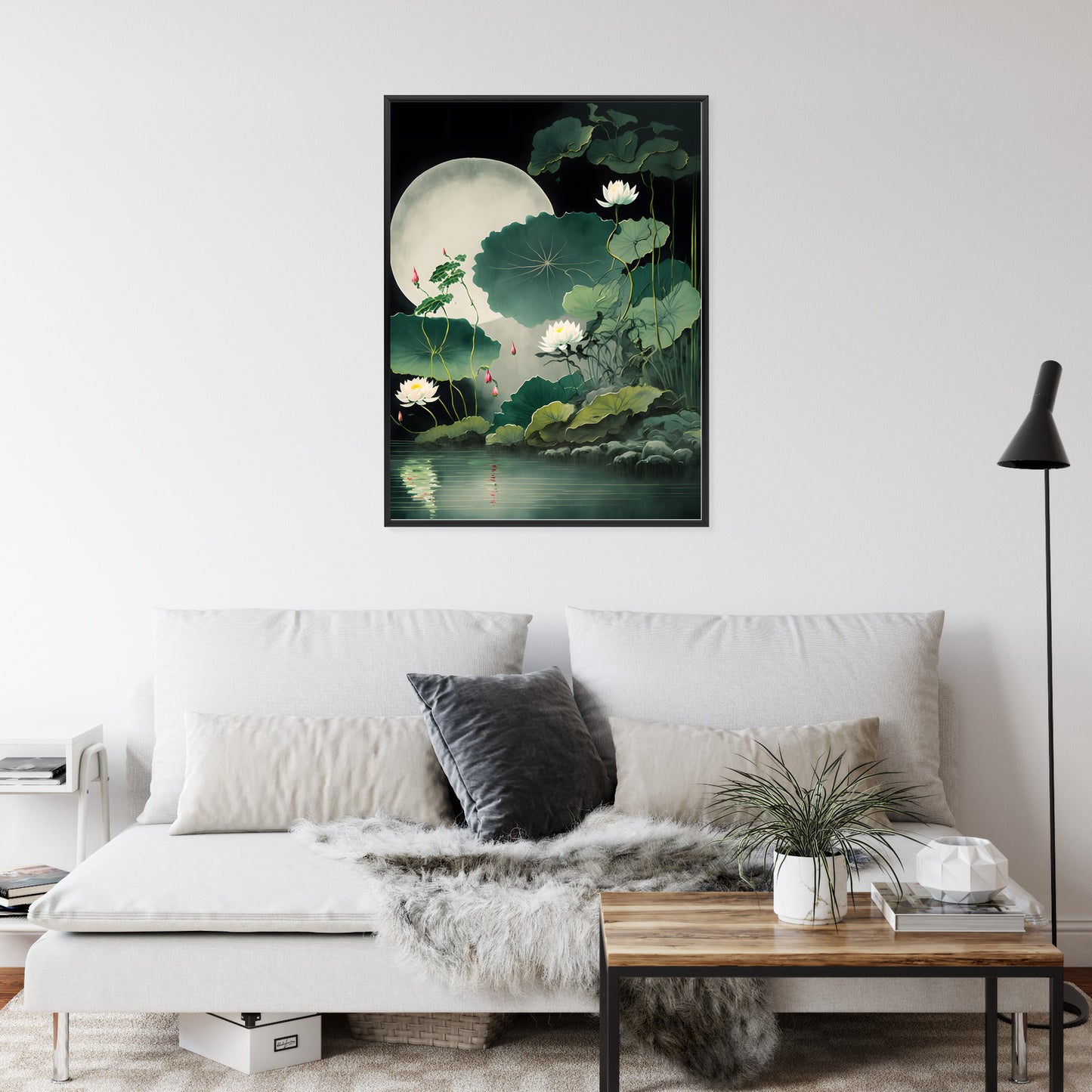 Poster Japanische Lotusblüten Und -Blätter Rahmen Holz Mit Passepartout Farbe Natürlich