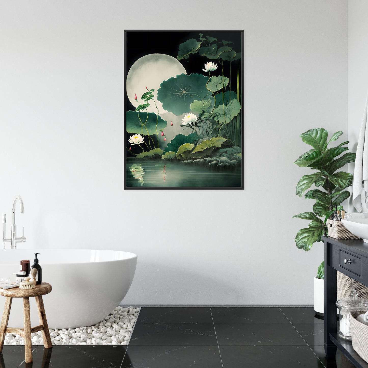 Poster Japanische Lotusblüten Und -Blätter Rahmen Holz Mit Passepartout Farbe Natürlich