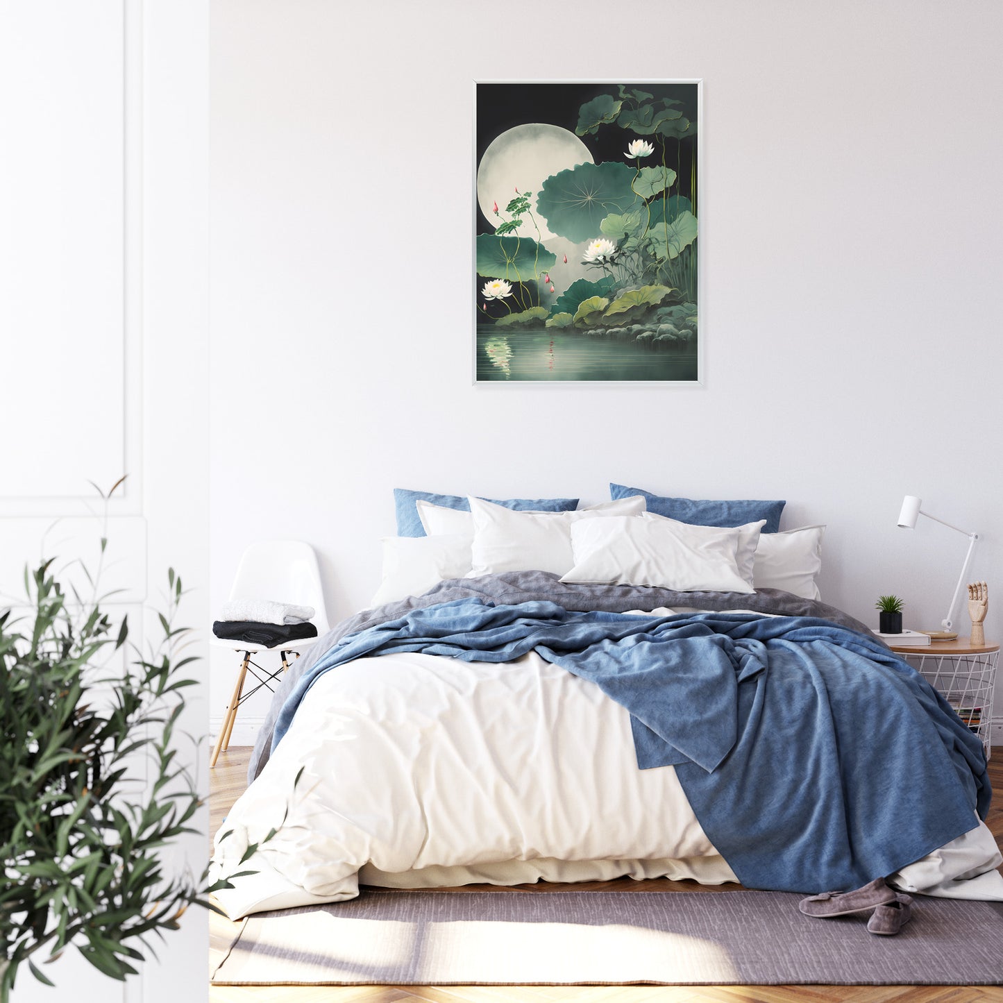 Poster Japanische Lotusblüten Und -Blätter Rahmen Holz Mit Passepartout Farbe Natürlich
